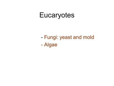 Eucaryotes - Fungi: yeast and mold - Algae. Eucaryotes Fungi Fungi are which need to take nutrients from the environment for living. They are larger than.
