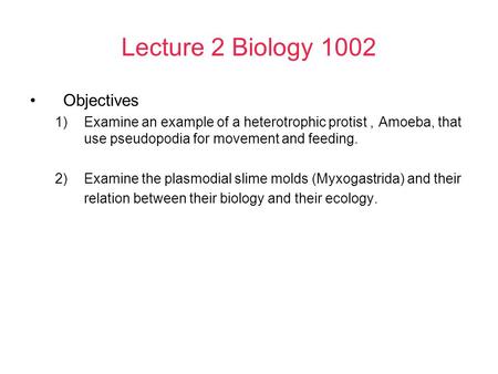 Lecture 2 Biology 1002 Objectives 1)Examine an example of a heterotrophic protist, Amoeba, that use pseudopodia for movement and feeding. 2)Examine the.