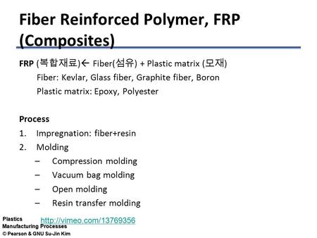 © Pearson & GNU Su-Jin Kim Plastics Manufacturing Processes Fiber Reinforced Polymer, FRP (Composites) FRP ( 복합재료 )  Fiber( 섬유 ) + Plastic matrix ( 모재.