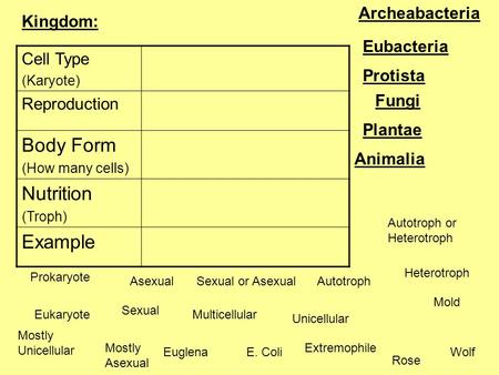 Cell Type (Karyote) Reproduction Body Form (How many cells) Nutrition (Troph) Example Prokaryote Eukaryote Asexual Sexual Sexual or Asexual Multicellular.