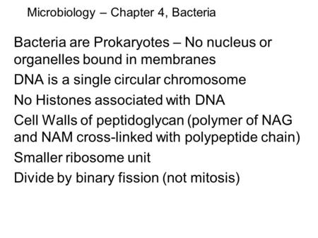 Microbiology – Chapter 4, Bacteria Bacteria are Prokaryotes – No nucleus or organelles bound in membranes DNA is a single circular chromosome No Histones.