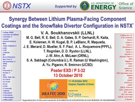 Synergy Between Lithium Plasma-Facing Component Coatings and the Snowflake Divertor Configuration in NSTX * V. A. Soukhanovskii (LLNL) M. G. Bell, R. E.