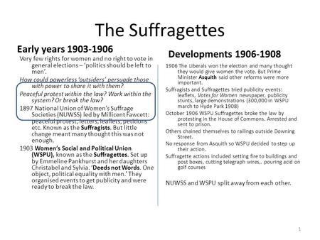 The Suffragettes Early years Developments