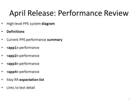 April Release: Performance Review 1 High-level PPE system diagram Definitions Current PPE performance summary performance May RR expectation list Links.