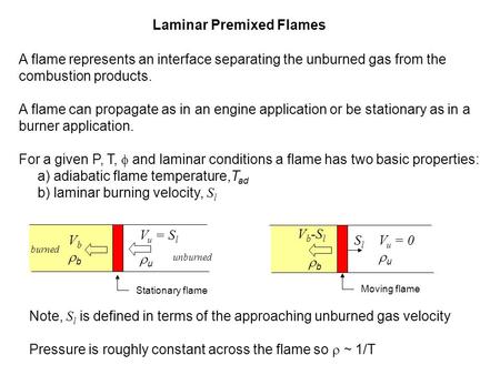 Laminar Premixed Flames A flame represents an interface separating the unburned gas from the combustion products. A flame can propagate as in an engine.