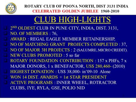 CLUB HIGH-LIGHTS  2 ND OLDEST CLUB IN PUNE CITY, INDIA, DIST. 3131,  NO. OF MEMBERS : 76,  AWARD : REGAL EAGLE MEMBER RETAINERSHIP,  NO OF MATCHING.