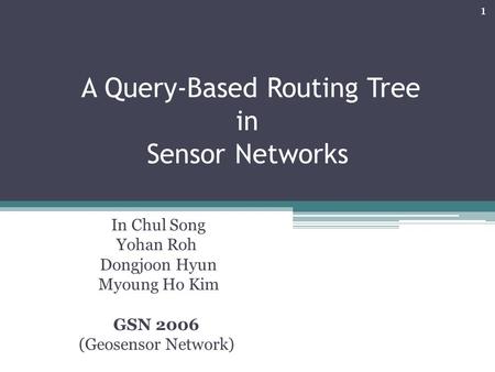 A Query-Based Routing Tree in Sensor Networks In Chul Song Yohan Roh Dongjoon Hyun Myoung Ho Kim GSN 2006 (Geosensor Network) 1.