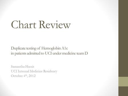 Chart Review Duplicate testing of Hemoglobin A1c in patients admitted to UCI under medicine team D Samantha Harris UCI Internal Medicine Residency October.