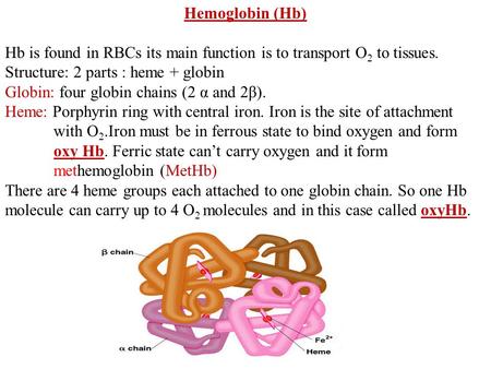 Hemoglobin (Hb) Hb is found in RBCs its main function is to transport O2 to tissues. Structure: 2 parts : heme + globin Globin: four globin chains (2 α.