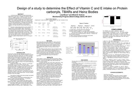 Design of a study to determine the Effect of Vitamin C and E intake on Protein carbonyls, TBARs and Heinz Bodies Leta Moser* and Alfred B. Ordman Biochemistry.