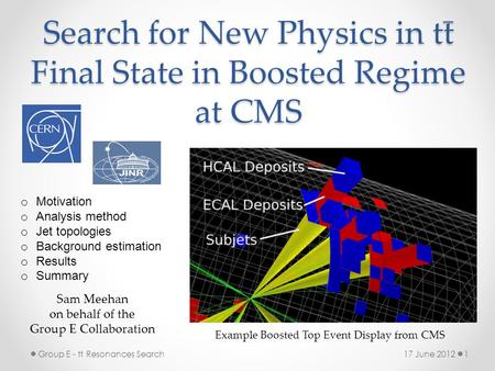 O Motivation o Analysis method o Jet topologies o Background estimation o Results o Summary 17 June 2012Group E - tt Resonances Search1 Search for New.