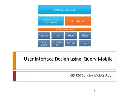 User Interface Design using jQuery Mobile CIS 136 Building Mobile Apps 1.
