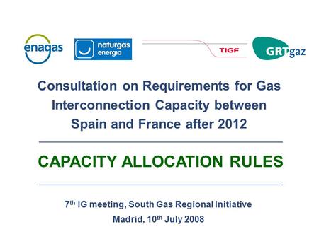 7 th IG meeting, South Gas Regional Initiative Madrid, 10 th July 2008 Consultation on Requirements for Gas Interconnection Capacity between Spain and.