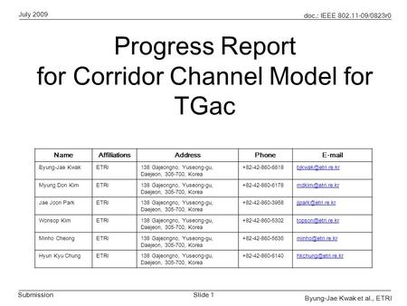 July 2009 doc.: IEEE 802.11-09/0823r0 Submission Progress Report for Corridor Channel Model for TGac Byung-Jae Kwak et al., ETRI Slide 1 NameAffiliationsAddressPhoneE-mail.