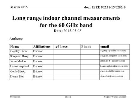 Submission doc.: IEEE 802.11-15/0296r0 March 2015 Cagatay Capar, EricssonSlide 1 Long range indoor channel measurements for the 60 GHz band Date: 2015-03-08.