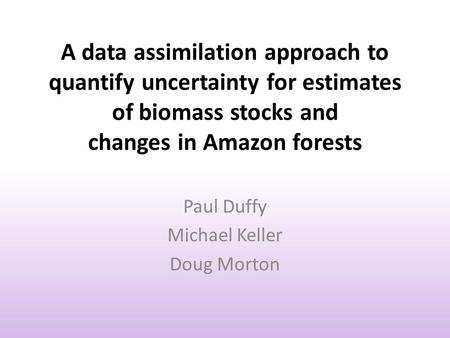 A data assimilation approach to quantify uncertainty for estimates of biomass stocks and changes in Amazon forests Paul Duffy Michael Keller Doug Morton.