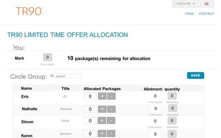 TR90 LIMITED TIME OFFER ALLOCATION You: 0 Mark PURCHASED 10 package(s) remaining for allocation Circle Group: search Name Title Allocated Packages Allotment: