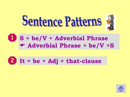 S + be/V + Adverbial Phrase  Adverbial Phrase + be/V +S 1 It + be + Adj + that-clause 2.