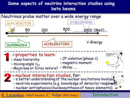 R. Lazauskas (SPhN Saclay), C. Volpe R. Lazauskas (SPhN Saclay), C. Volpe (IPN Orsay) Some aspects of neutrino interaction studies using beta beams SUPERNOVA.