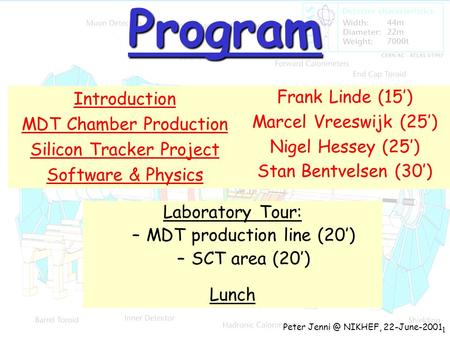 1 Program Introduction MDT Chamber Production Silicon Tracker Project Software & Physics Frank Linde (15’) Marcel Vreeswijk (25’) Nigel Hessey (25’) Stan.