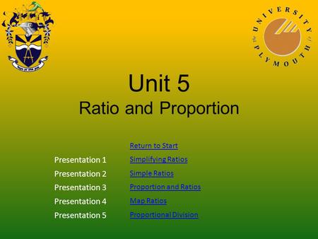 Unit 5 Ratio and Proportion Return to Start Presentation 1 Simplifying Ratios Presentation 2 Simple Ratios Presentation 3 Proportion and Ratios Presentation.