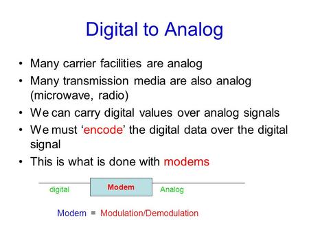 Digital to Analog Many carrier facilities are analog Many transmission media are also analog (microwave, radio) We can carry digital values over analog.
