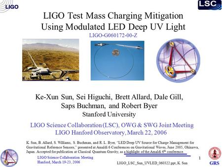 LIGO Science Collaboration Meeting Hanford, March 19-23, 2006 1 GRS LIGO_LSC_Sun_UVLED_060322.ppt, K. Sun LIGO Test Mass Charging Mitigation Using Modulated.