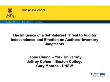 Business School The Influence of a Self-Interest Threat to Auditor Independence and Emotion on Auditors’ Inventory Judgments Janne Chung – York University.