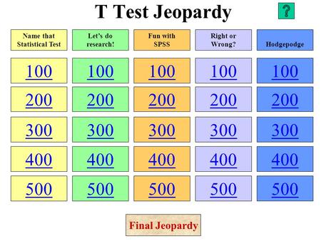 T Test Jeopardy 100 200 300 400 500 100 200 300 400 500 100 200 300 400 500 100 200 300 400 500 100 200 300 400 500 Name that Statistical Test Let’s do.