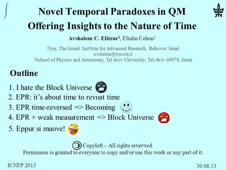 Novel Temporal Paradoxes in QM Offering Insights to the Nature of Time Avshalom C. Elitzur 1, Eliahu Cohen 2 Copyleft – All rights re vers ed Permission.