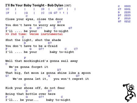 I'll Be Your Baby Tonight - Bob Dylan (1967) |C | | | |D | |D7 | | |F | |G | |C |G G7 ٤ ٤ | C Close your eyes, close the door D D7 You don't have to worry.