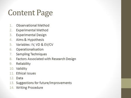 Content Page Observational Method Experimental Method