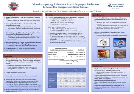Video Laryngoscopy Reduces the Rate of Esophageal Intubations Performed by Emergency Medicine Trainees Parisa P. Javedani, Uwe Stolz, Eric A. Chase, Jessica.