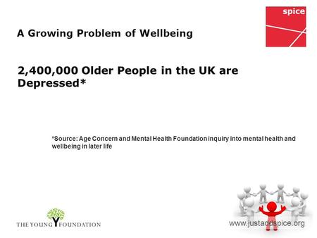Www.justaddspice.org 2,400,000 Older People in the UK are Depressed* *Source: Age Concern and Mental Health Foundation inquiry into mental health and wellbeing.