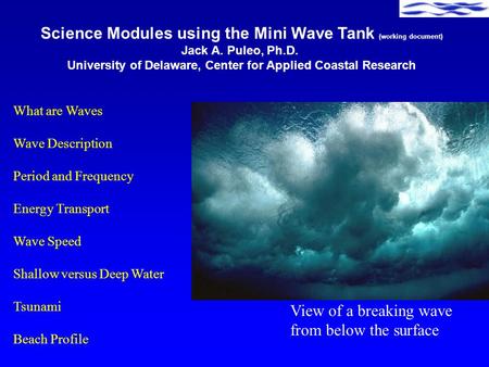 Science Modules using the Mini Wave Tank (working document)