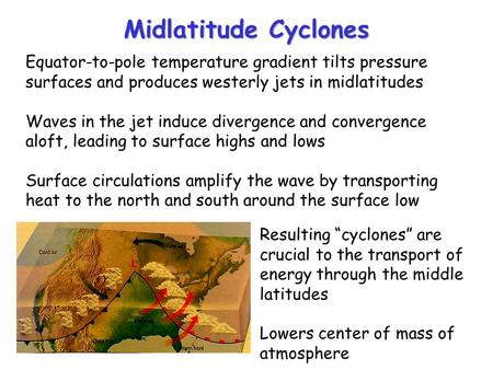 Midlatitude Cyclones Equator-to-pole temperature gradient tilts pressure surfaces and produces westerly jets in midlatitudes Waves in the jet induce divergence.