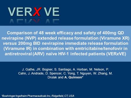 Comparison of 48 week efficacy and safety of 400mg QD nevirapine (NVP) extended release formulation (Viramune XR) versus 200mg BID nevirapine immediate.