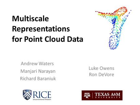 Multiscale Representations for Point Cloud Data Andrew Waters Manjari Narayan Richard Baraniuk Luke Owens Ron DeVore.