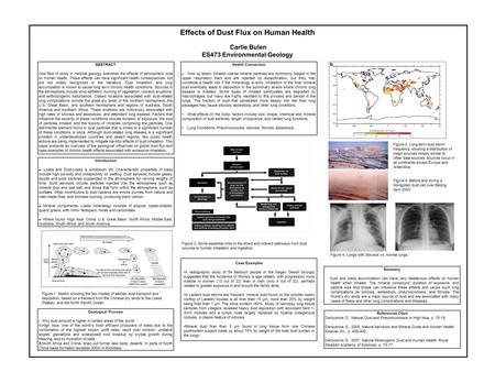 ABSTRACT One field of study in medical geology examines the effects of atmospheric dust on human health. These effects can have significant health consequences,