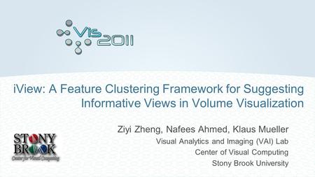 IView: A Feature Clustering Framework for Suggesting Informative Views in Volume Visualization Ziyi Zheng, Nafees Ahmed, Klaus Mueller Visual Analytics.
