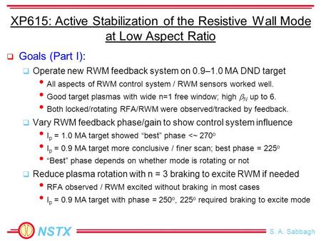NSTX S. A. Sabbagh XP615: Active Stabilization of the Resistive Wall Mode at Low Aspect Ratio  Goals (Part I):  Operate new RWM feedback system on 0.9–1.0.