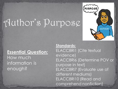 Author’s Purpose Standards: ELACC8RI1 (Cite textual evidence) ELACC8RI6 (Determine POV or purpose in text) ELACC8RI7 (Evaluate use of different mediums)