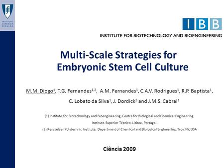 Multi-Scale Strategies for Embryonic Stem Cell Culture M.M. Diogo 1, T.G. Fernandes 1,2, A.M. Fernandes 1, C.A.V. Rodrigues 1, R.P. Baptista 1, C. Lobato.