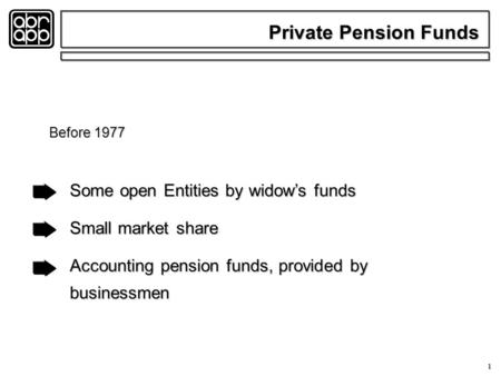 1 Before 1977 Some open Entities by widow’s funds Some open Entities by widow’s funds Small market share Small market share Accounting pension funds, provided.