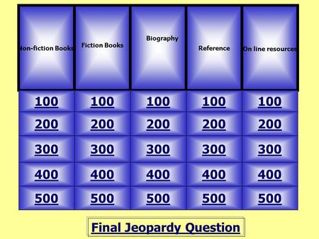 Final Jeopardy Question Non-fiction Books. Fiction Books 100 Reference On line resources 500 400 300 200 100 200 300 400 500 Biography.