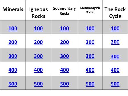MineralsIgneous Rocks Sedimentary Rocks Metamorphic Rocks The Rock Cycle 100 200 300 400 500.