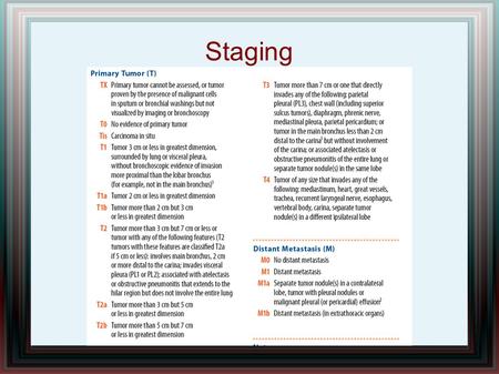 Staging. Treatment by Stage For early stage lung cancers, surgery or radiation alone For larger tumors (>4 cm) and N+, chemotherapy should be added.
