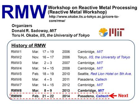 RMW (Reactive Metal Workshop) Workshop on Reactive Metal Processing RMW1Mar.17 – 192006Cambridge, MIT RMW2Nov.16 – 172006Tokyo, IIS, the University of.
