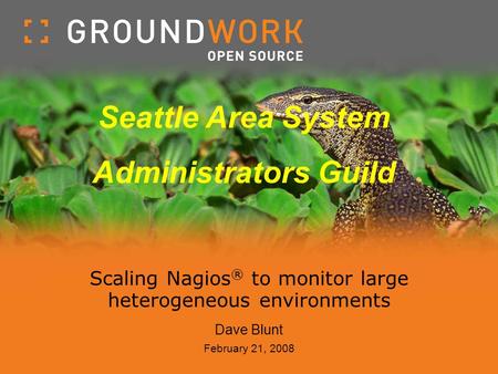 Scaling Nagios ® to monitor large heterogeneous environments Dave Blunt February 21, 2008 Seattle Area System Administrators Guild.