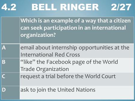 4.2 BELL RINGER 2/27 Which is an example of a way that a citizen can seek participation in an international organization? Aemail about internship opportunities.